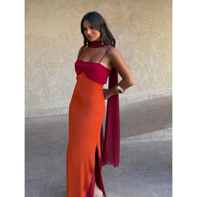 Color Block Scarf Collar Bodycon Long Dress