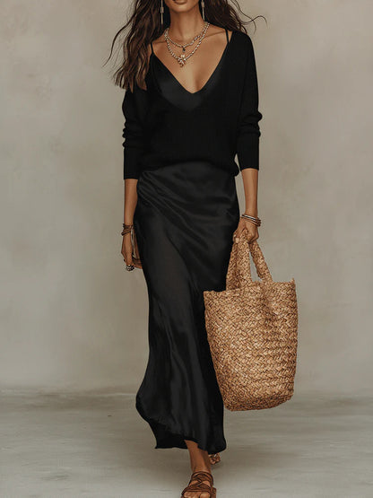 Conjunto top de punto y vestido satén
