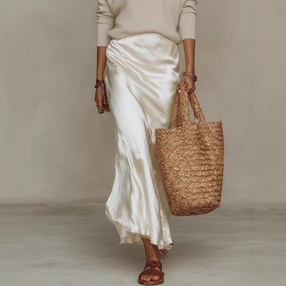 Conjunto top de punto y vestido satén