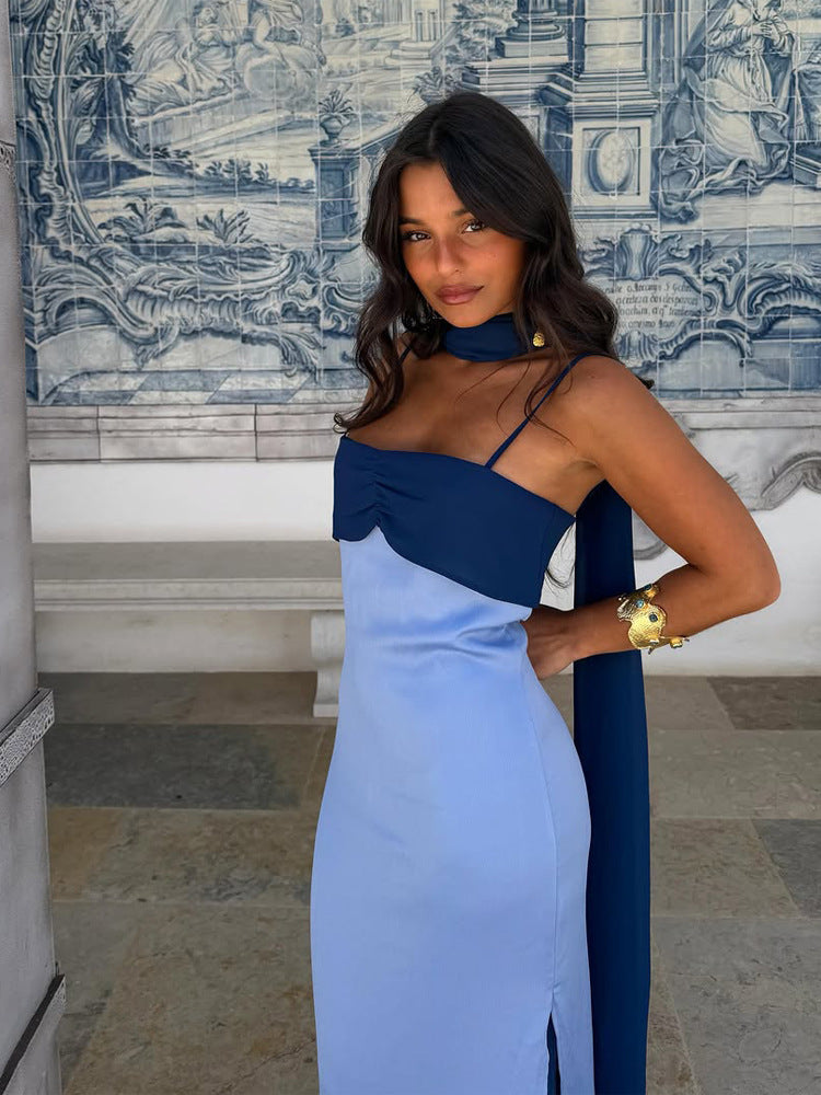 Color Block Scarf Collar Bodycon Long Dress