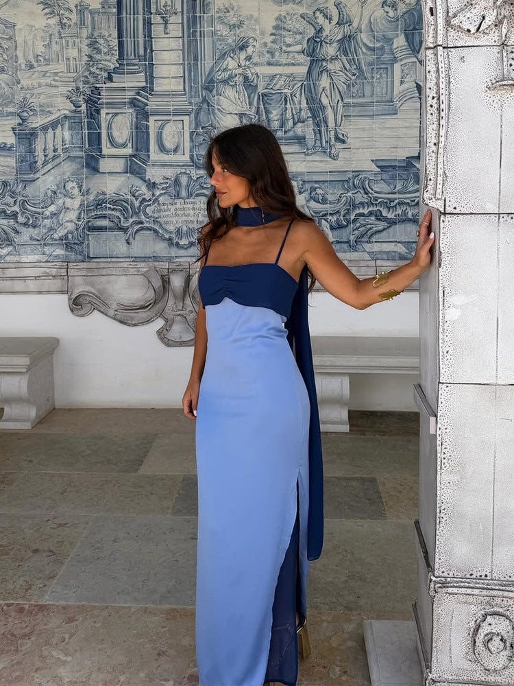 Color Block Scarf Collar Bodycon Long Dress