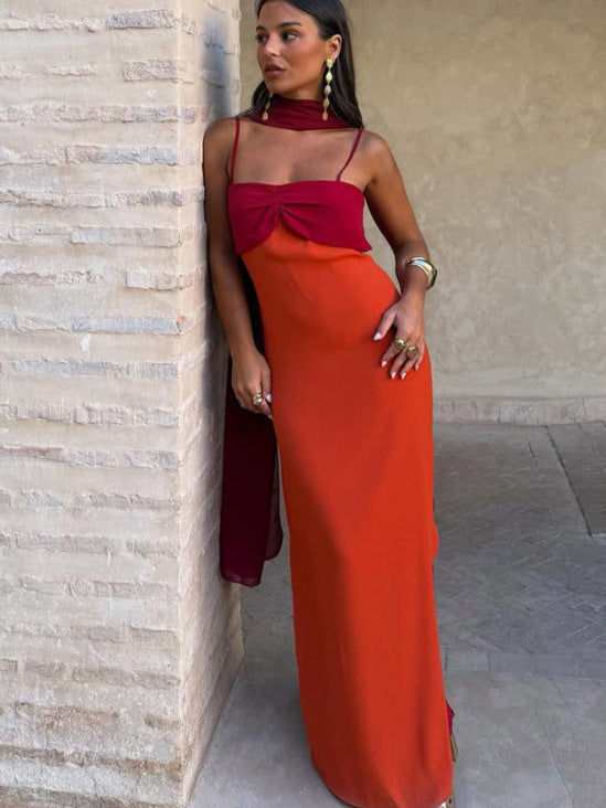Color Block Scarf Collar Bodycon Long Dress