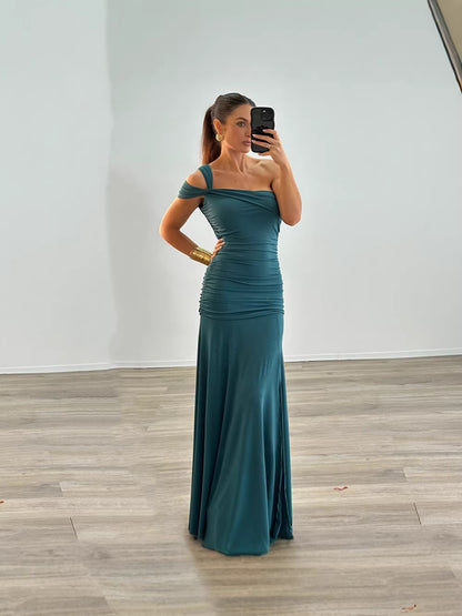 One-Shoulder Ruching Side Slit Slim-Fit Dress
