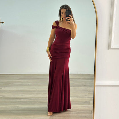 One-Shoulder Ruching Side Slit Slim-Fit Dress