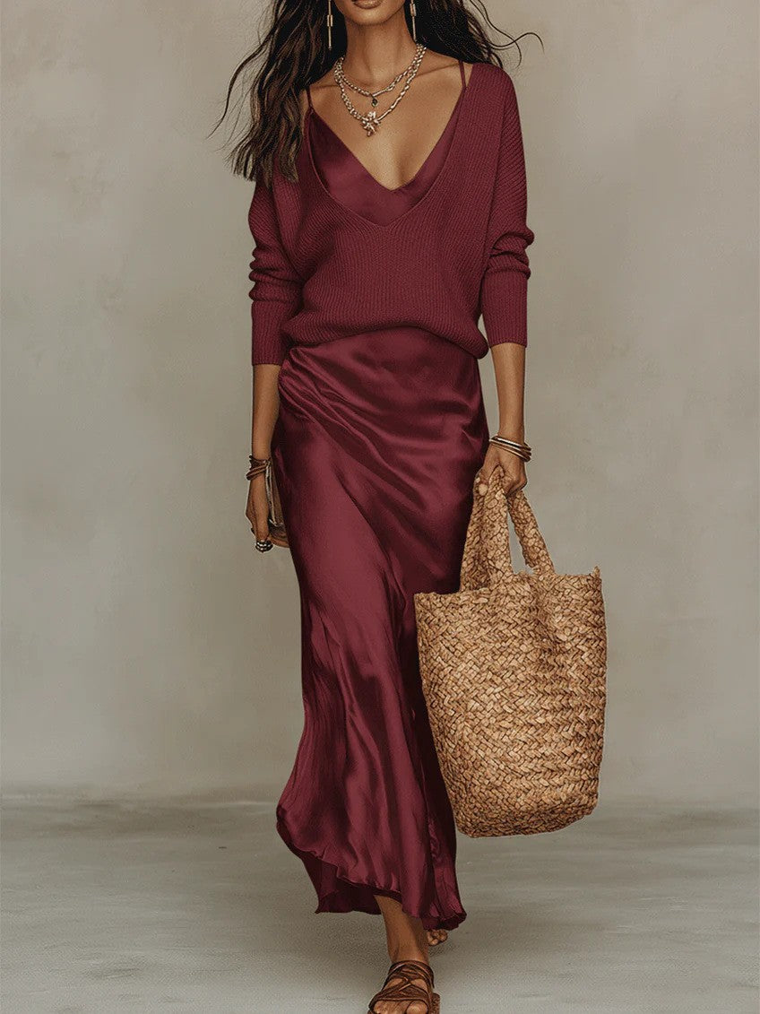 Conjunto top de punto y vestido satén