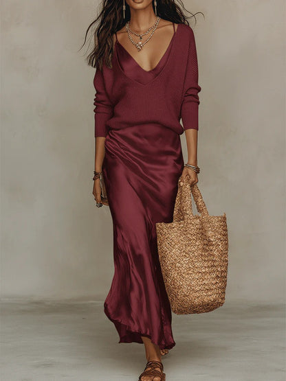 Conjunto top de punto y vestido satén