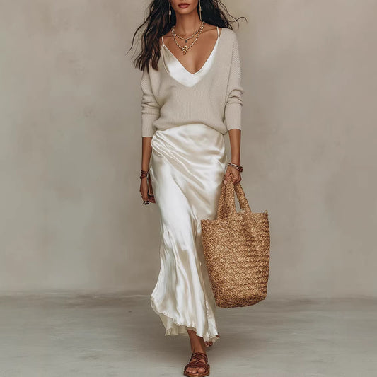Conjunto top de punto y vestido satén