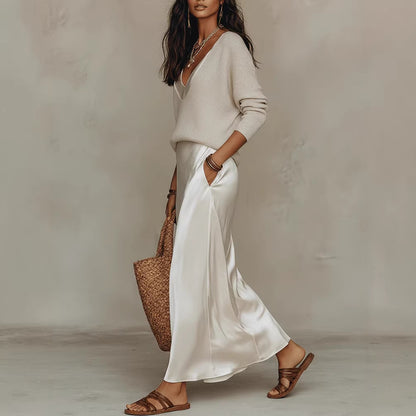 Conjunto top de punto y vestido satén