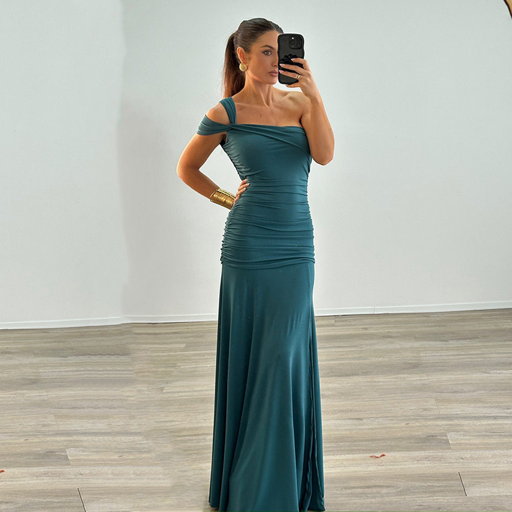 One-Shoulder Ruching Side Slit Slim-Fit Dress