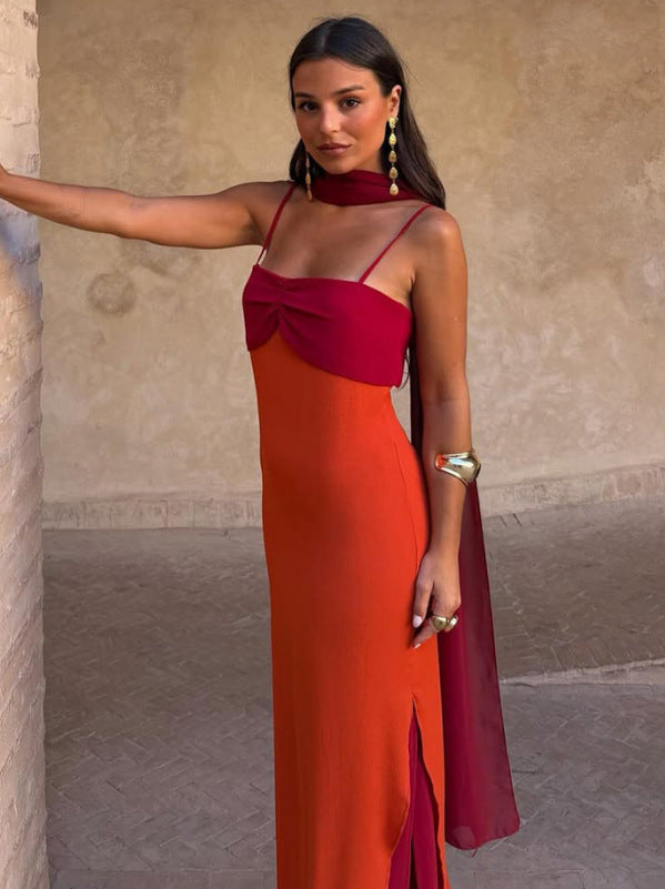 Color Block Scarf Collar Bodycon Long Dress