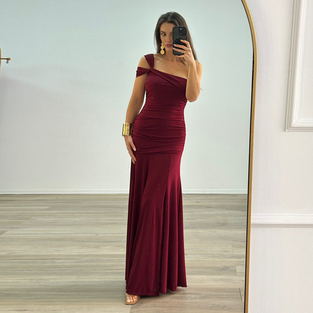 One-Shoulder Ruching Side Slit Slim-Fit Dress